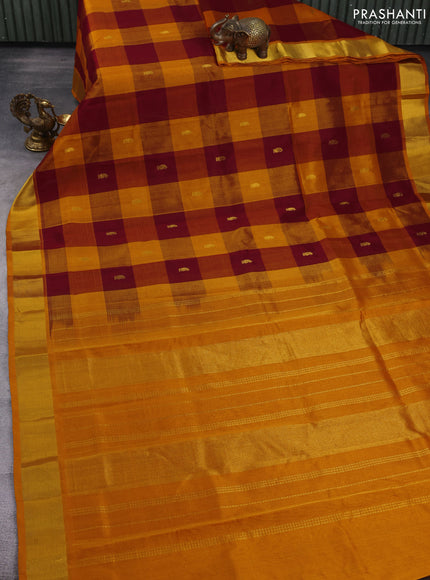Silk cotton saree maroon and mango yellow with allover paalum pazhamum checks & buttas and zari woven border