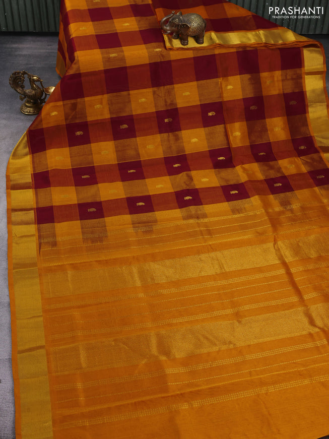 Silk cotton saree maroon and mango yellow with allover paalum pazhamum checks & buttas and zari woven border