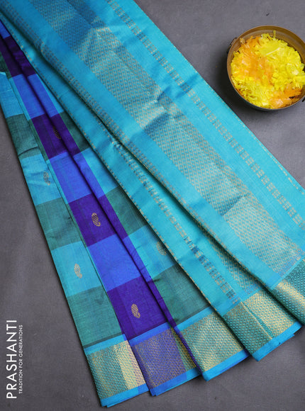 Silk cotton saree blue and teal blue with allover paalum pazhamum checks & buttas and zari woven border