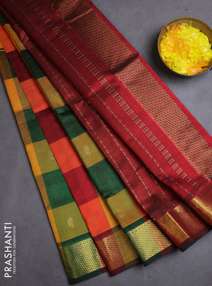 Silk cotton saree multi colour and maroon with allover paalum pazhamum checks & buttas and zari woven border
