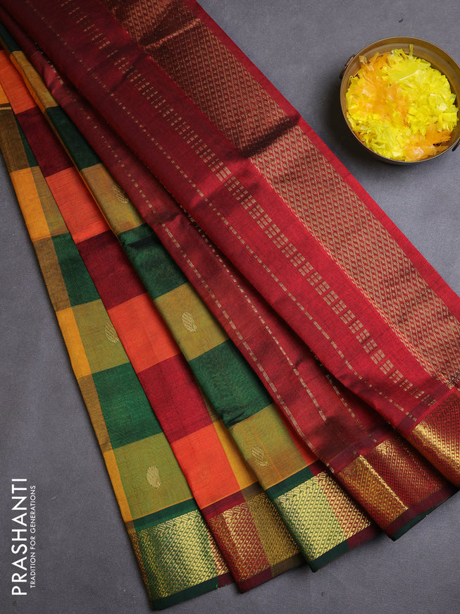 Silk cotton saree multi colour and maroon with allover paalum pazhamum checks & buttas and zari woven border