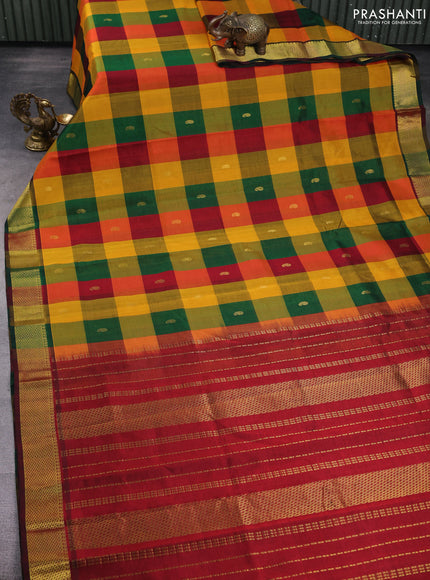 Silk cotton saree multi colour and maroon with allover paalum pazhamum checks & buttas and zari woven border
