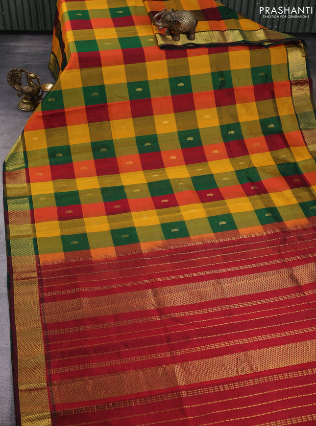 Silk cotton saree multi colour and maroon with allover paalum pazhamum checks & buttas and zari woven border