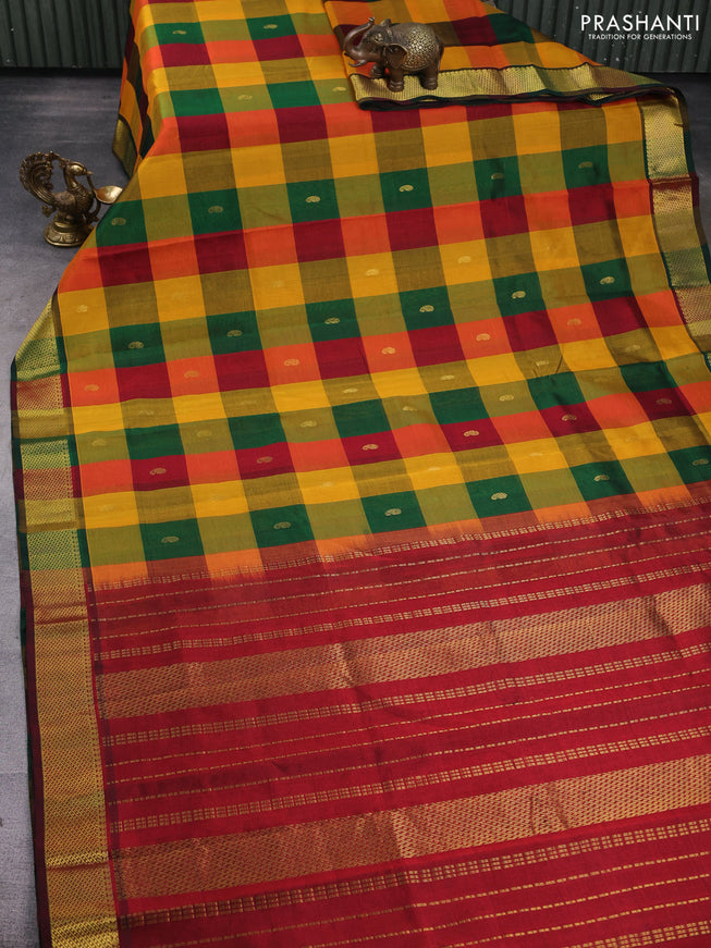 Silk cotton saree multi colour and maroon with allover paalum pazhamum checks & buttas and zari woven border