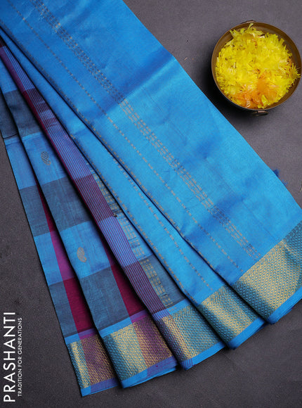 Silk cotton saree magenta pink and cs blue with allover paalum pazhamum checks & buttas and zari woven border