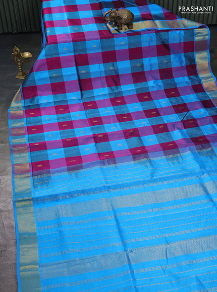 Silk cotton saree magenta pink and cs blue with allover paalum pazhamum checks & buttas and zari woven border