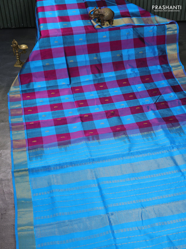 Silk cotton saree magenta pink and cs blue with allover paalum pazhamum checks & buttas and zari woven border