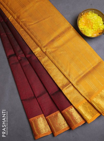 Silk cotton saree maroon and mustard yellow with allover vairaosi pattern and zari woven border