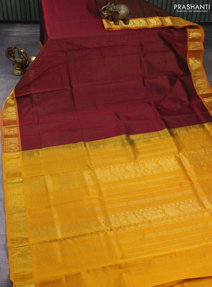 Silk cotton saree maroon and mustard yellow with allover vairaosi pattern and zari woven border