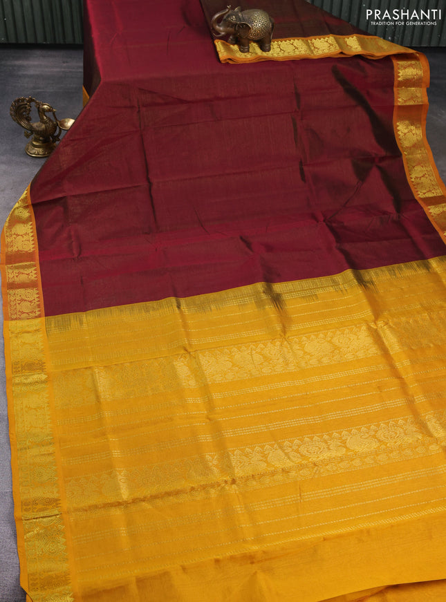 Silk cotton saree maroon and mustard yellow with allover vairaosi pattern and zari woven border
