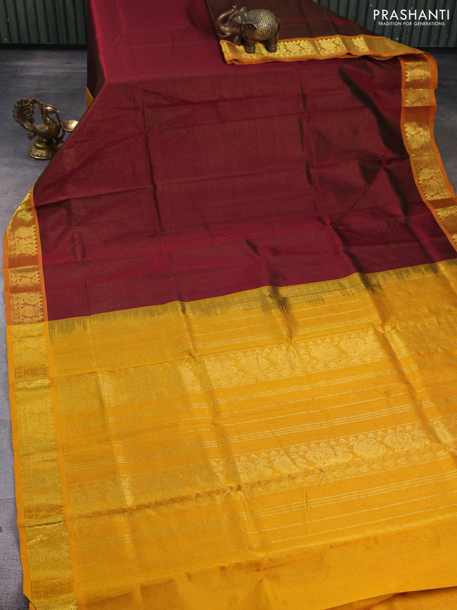 Silk cotton saree maroon and mustard yellow with allover vairaosi pattern and zari woven border