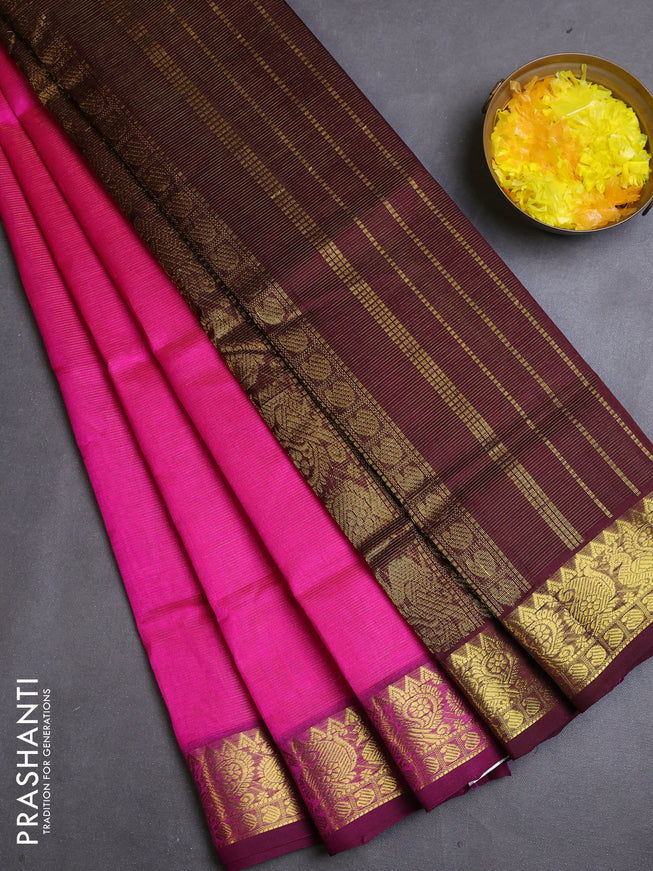 Silk cotton saree pink and deep wine with allover vairaosi pattern and zari woven border