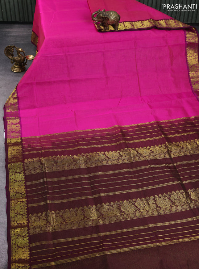 Silk cotton saree pink and deep wine with allover vairaosi pattern and zari woven border