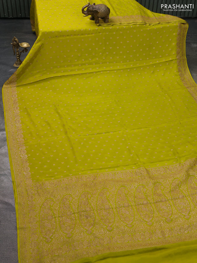 Pure banarasi georgette saree lime yellow with woven buttas and woven border