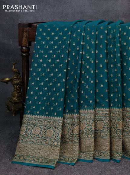 Pure banarasi georgette saree teal green with woven buttas and woven border