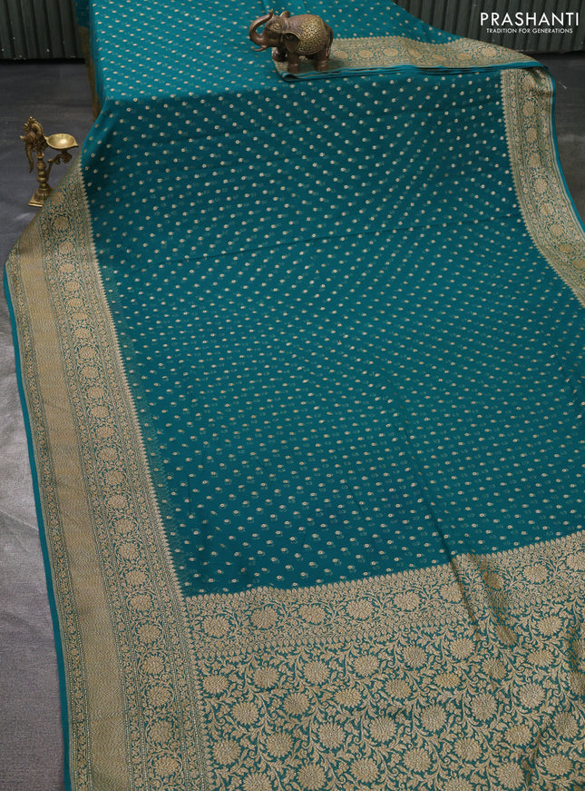 Pure banarasi georgette saree teal green with woven buttas and woven border