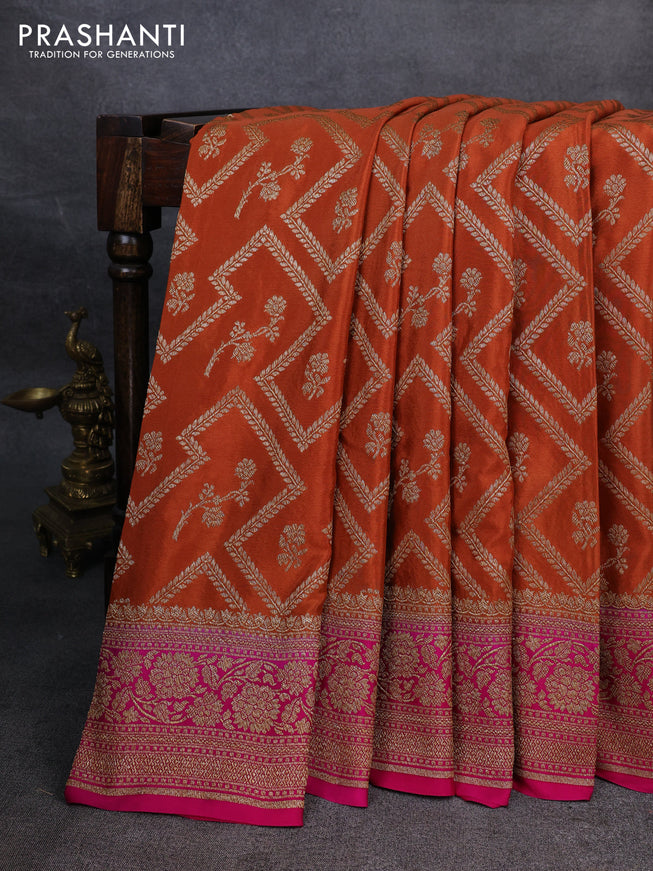 Pure banarasi georgette saree orange and pink with allover thread & zari weaves and woven border