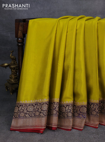 Pure banarasi georgette saree lime yellow and maroon with plain body and woven border
