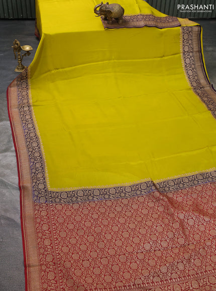 Pure banarasi georgette saree lime yellow and maroon with plain body and woven border