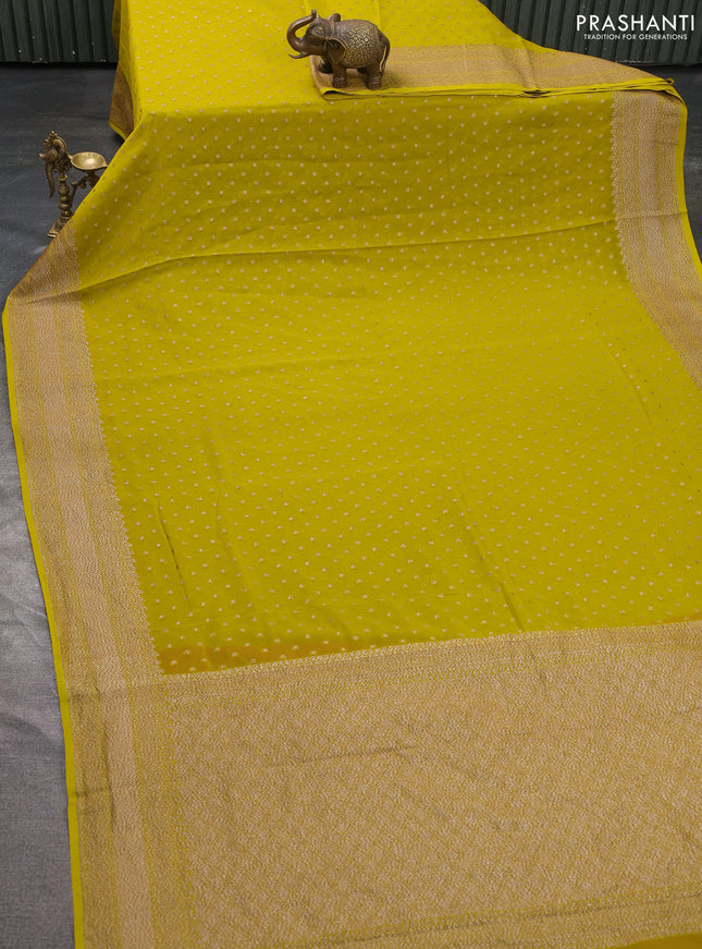 Pure banarasi georgette saree lime green with woven buttas and woven border