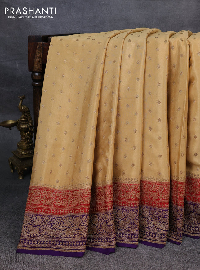 Pure banarasi georgette saree sandal and red blue with woven buttas and woven border