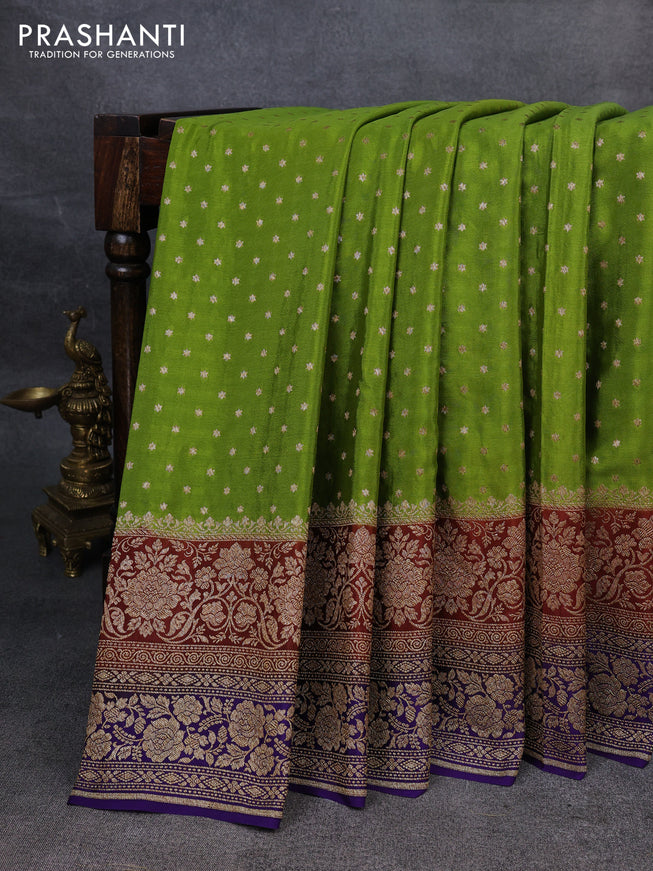 Pure banarasi georgette saree light green and maroon blue with woven buttas and woven border