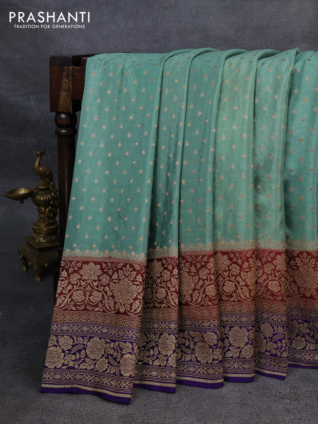 Pure banarasi georgette saree pastel green and maroon blue with woven buttas and woven border