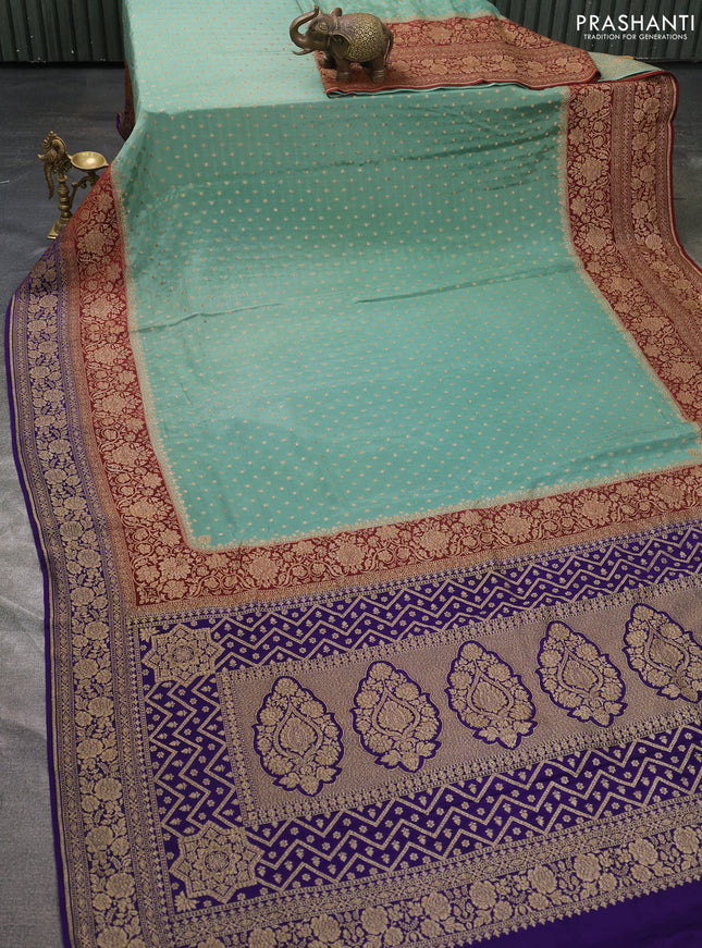 Pure banarasi georgette saree pastel green and maroon blue with woven buttas and woven border