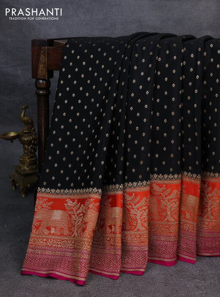 Pure banarasi georgette saree black and orange pink with woven buttas and woven border