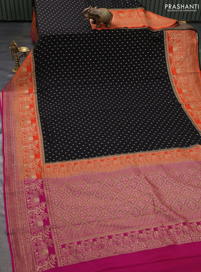 Pure banarasi georgette saree black and orange pink with woven buttas and woven border