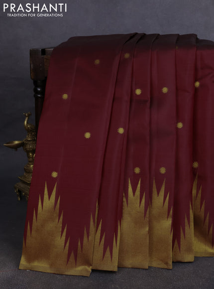 Pure kanchipuram silk saree maroon with zari woven buttas and temple design zari woven border