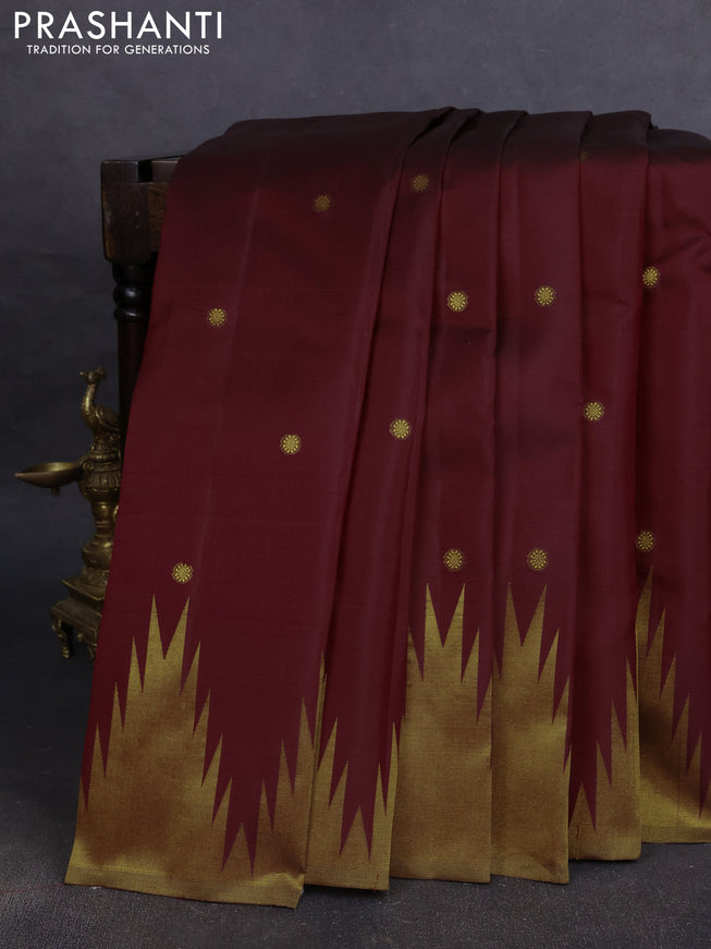 Pure kanchipuram silk saree maroon with zari woven buttas and temple design zari woven border
