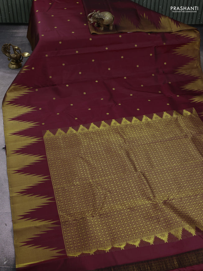 Pure kanchipuram silk saree maroon with zari woven buttas and temple design zari woven border