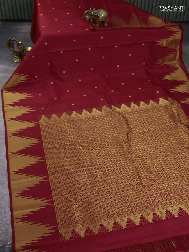 Pure kanchipuram silk saree red with zari woven buttas and temple design zari woven border
