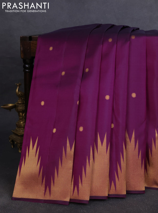 Pure kanchipuram silk saree purple with zari woven buttas and temple design zari woven border