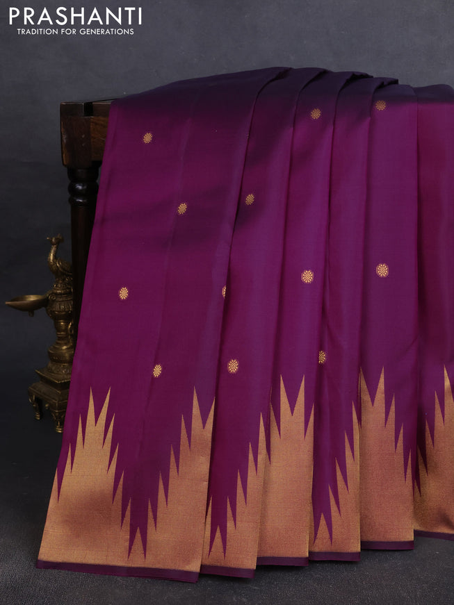 Pure kanchipuram silk saree purple with zari woven buttas and temple design zari woven border