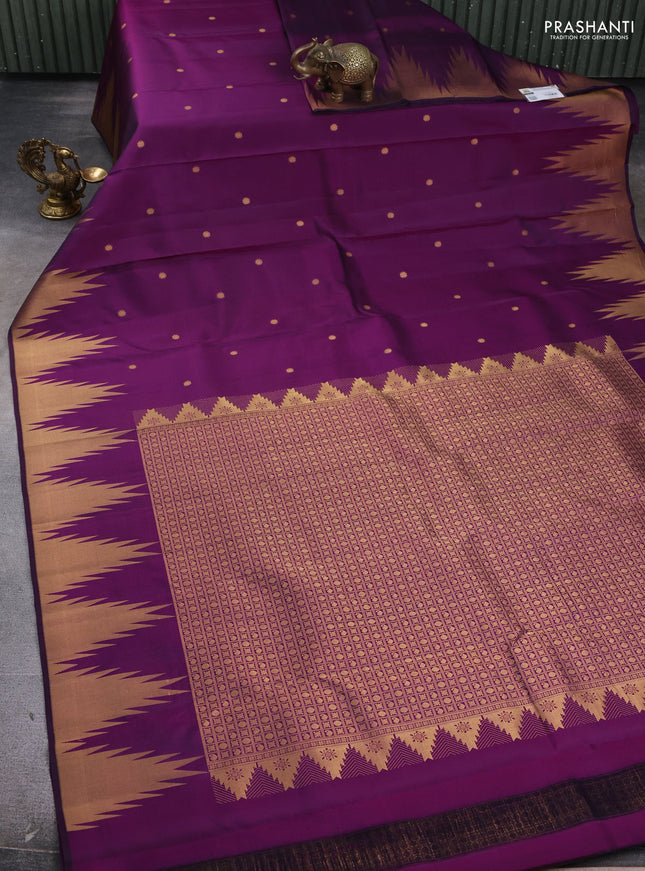 Pure kanchipuram silk saree purple with zari woven buttas and temple design zari woven border