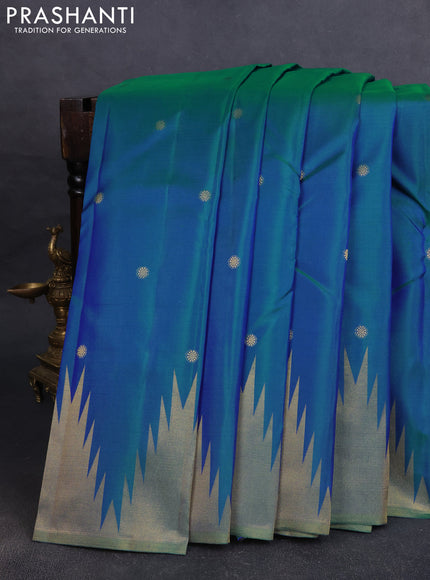Pure kanchipuram silk saree dual shade of cs blue with zari woven buttas and temple design zari woven border