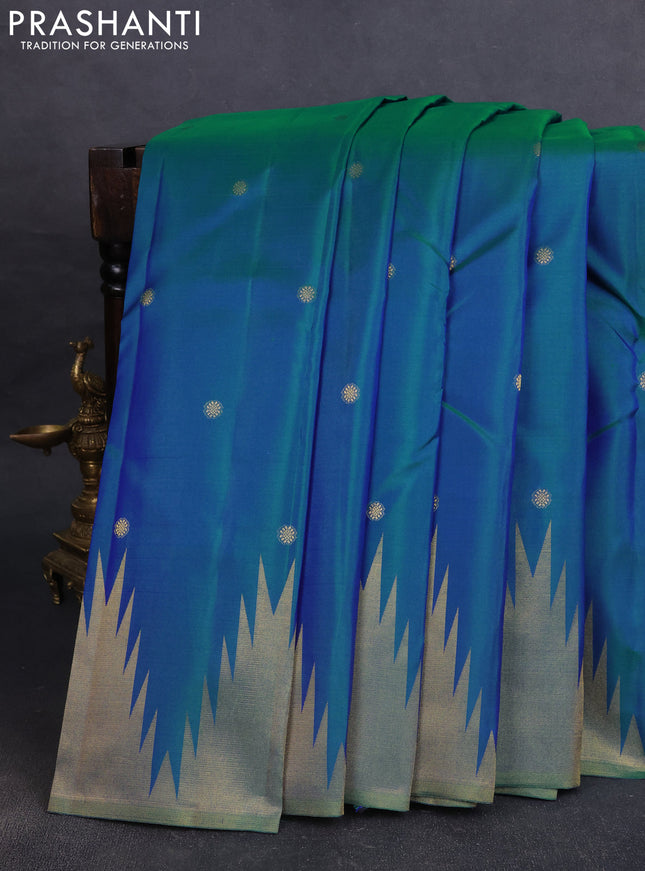Pure kanchipuram silk saree dual shade of cs blue with zari woven buttas and temple design zari woven border