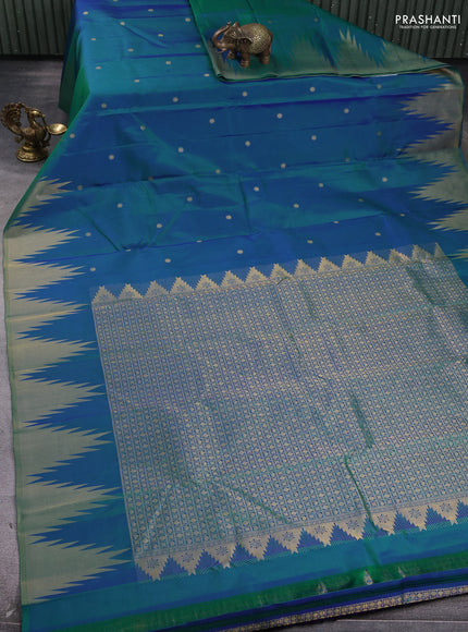 Pure kanchipuram silk saree dual shade of cs blue with zari woven buttas and temple design zari woven border