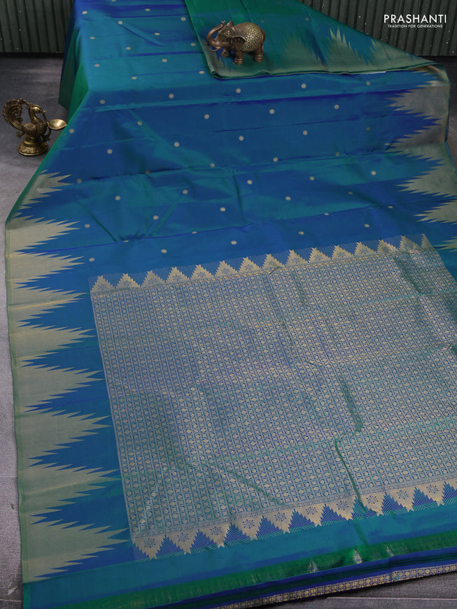 Pure kanchipuram silk saree dual shade of cs blue with zari woven buttas and temple design zari woven border