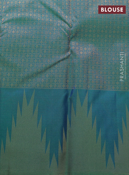 Pure kanchipuram silk saree dual shade of cs blue with zari woven buttas and temple design zari woven border