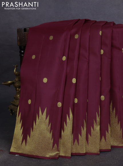 Pure kanchipuram silk saree maroon with zari woven buttas and temple design zari woven border