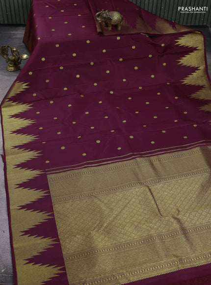 Pure kanchipuram silk saree maroon with zari woven buttas and temple design zari woven border
