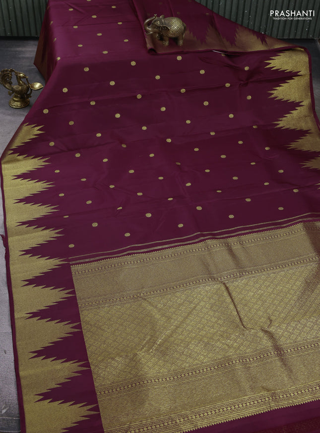 Pure kanchipuram silk saree maroon with zari woven buttas and temple design zari woven border