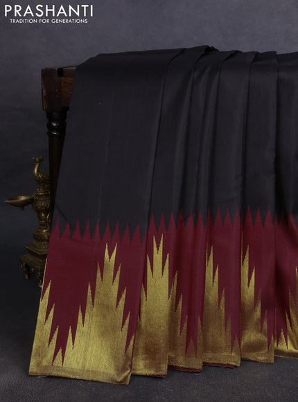 Pure kanchipuram silk saree black and maroon with plain body and temple zari woven border