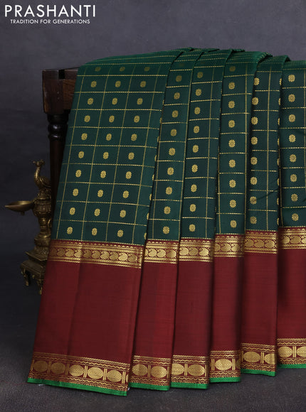 Pure kanchipuram silk saree green and maroon with allover zari checks & buttas and rettapet zari woven border