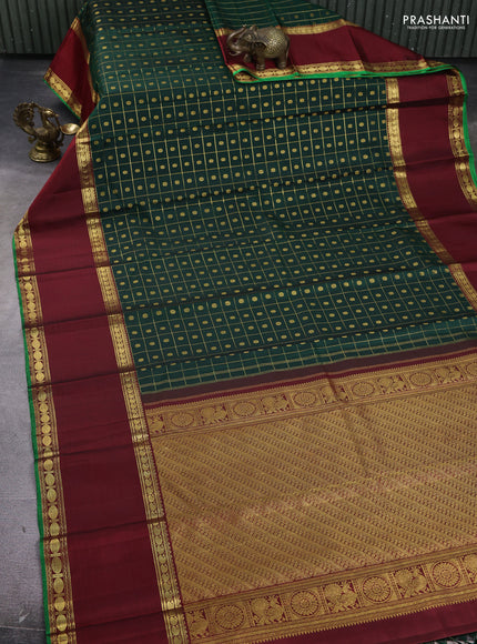 Pure kanchipuram silk saree green and maroon with allover zari checks & buttas and rettapet zari woven border