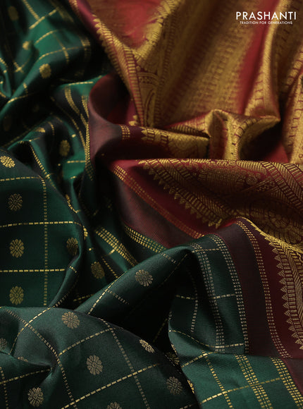 Pure kanchipuram silk saree green and maroon with allover zari checks & buttas and rettapet zari woven border