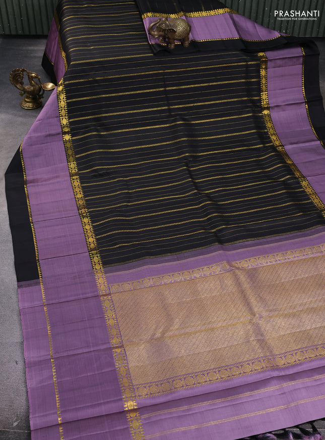 Pure kanchipuram silk saree black and pastel lavender with allover zari weaves and rettapet zari woven border